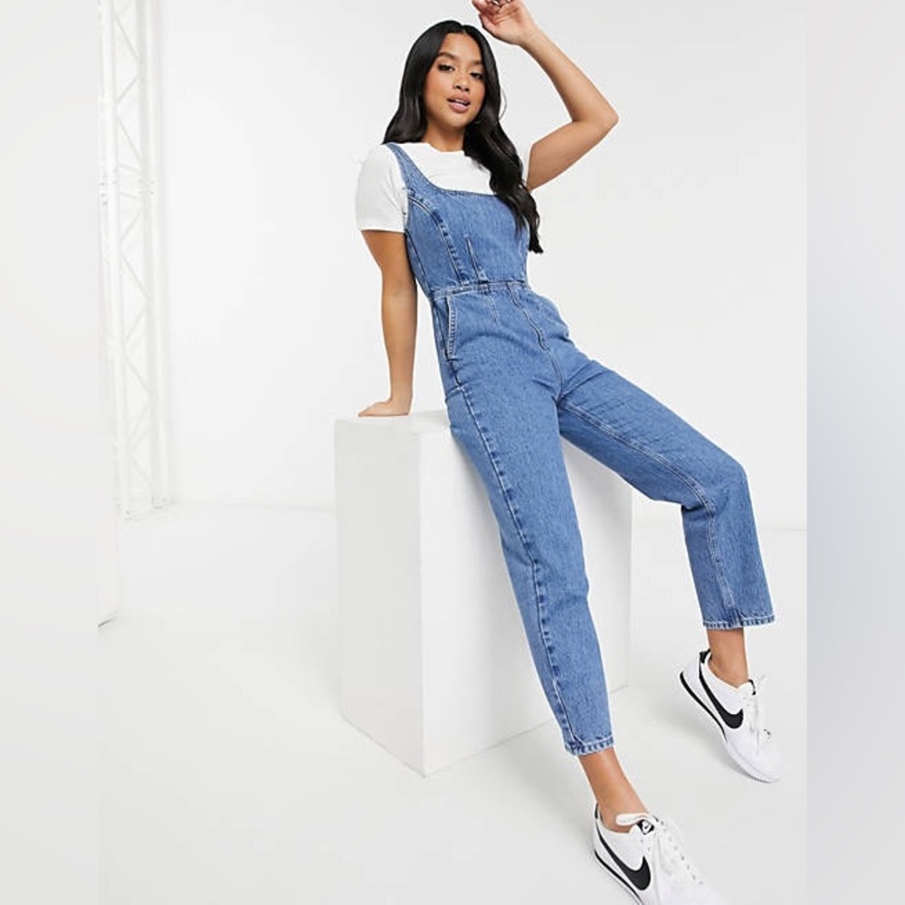 ASOS Tall Denim square neck fitted jumpsuit in mid wash Size 8